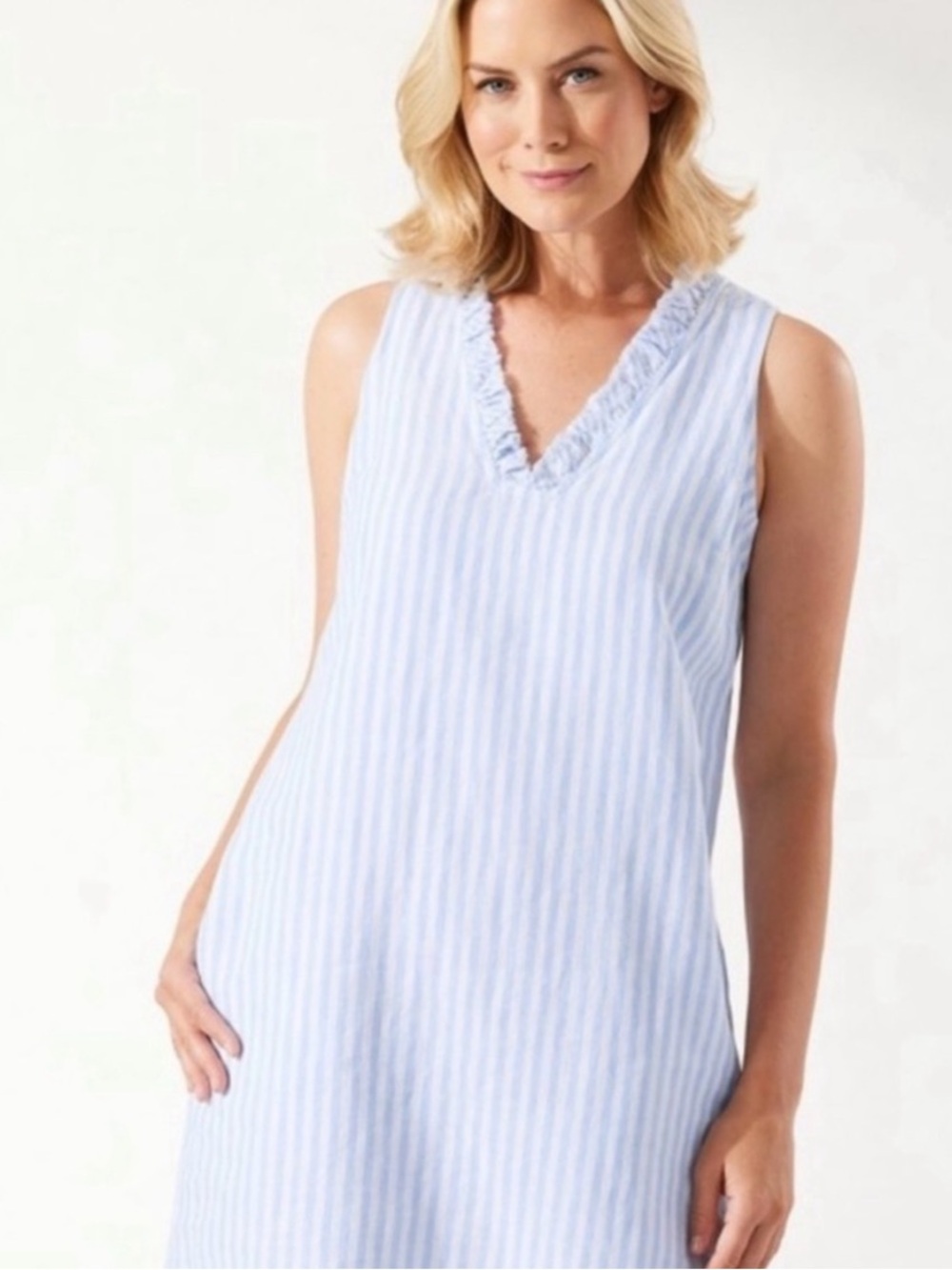Tommy Bahama Light Blue and White Striped V-Neck Ruffle Shift